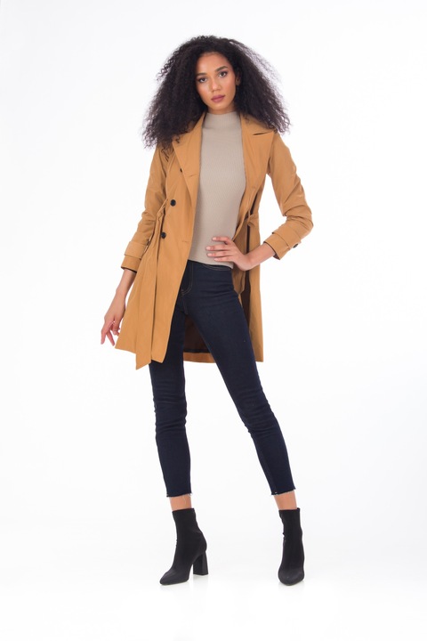 Trench gri de dama BE YOU cu doua randuri de nasturi, Maro camel