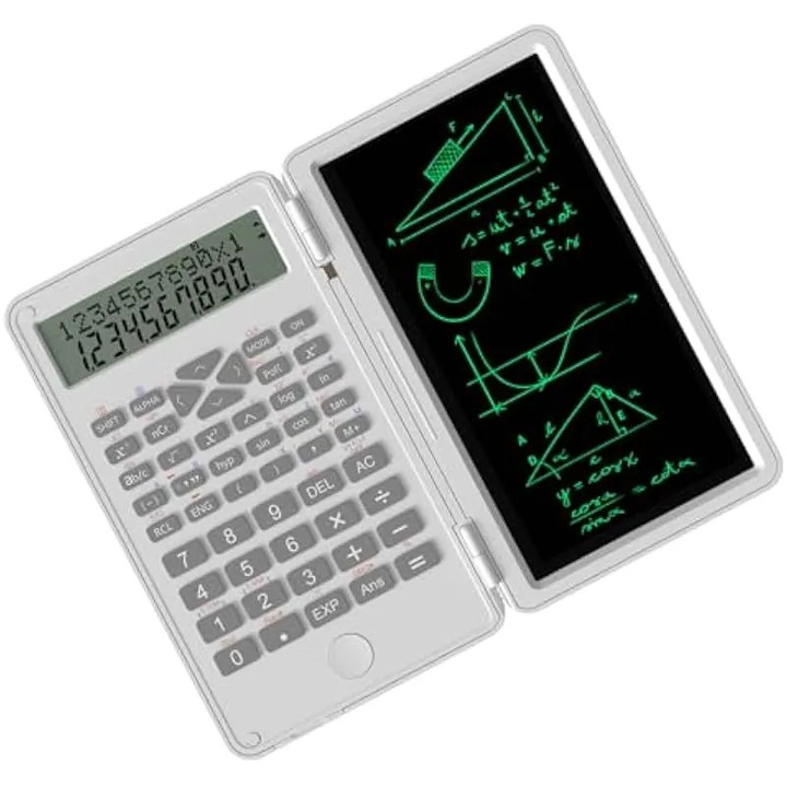 Научен калкулатор K0544-26824-554-AMC, 240 функции, LCD дисплей с 2 реда, изтриваема дъска за писане, сгъваем, бял, захранване CR2025