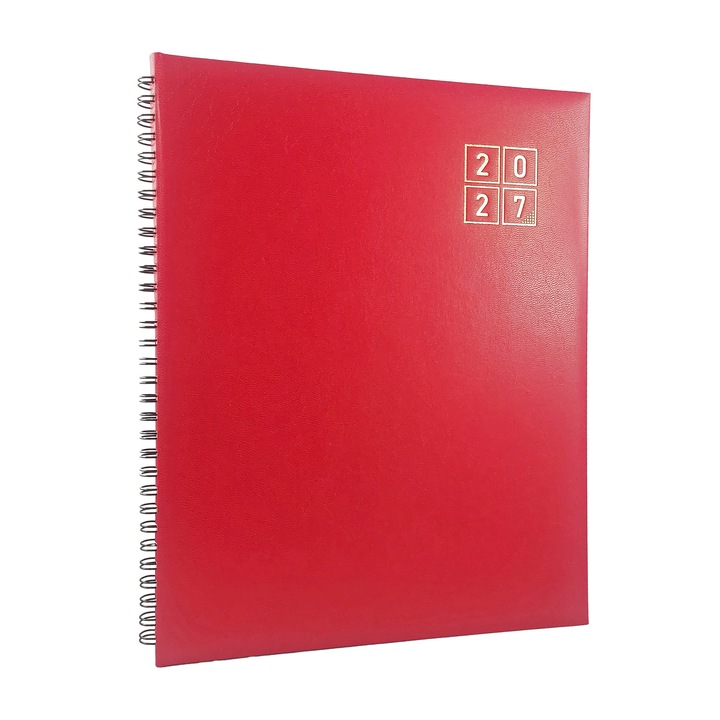 Agenda Datata 2027 pentru Programari, Format A4 (21x27 cm), 152 Pagini, Coperta Buretata Rosie, Legare Spira Semiascunsa