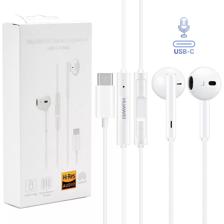 Casti/Handsfree Huawei, CM33, USB-C csatlakozó, InEar típus, hangerőszabályzó és mikrofon a kábelen, HiFi, 1.2m, Fehér (Eredeti dobozos csomagolás)