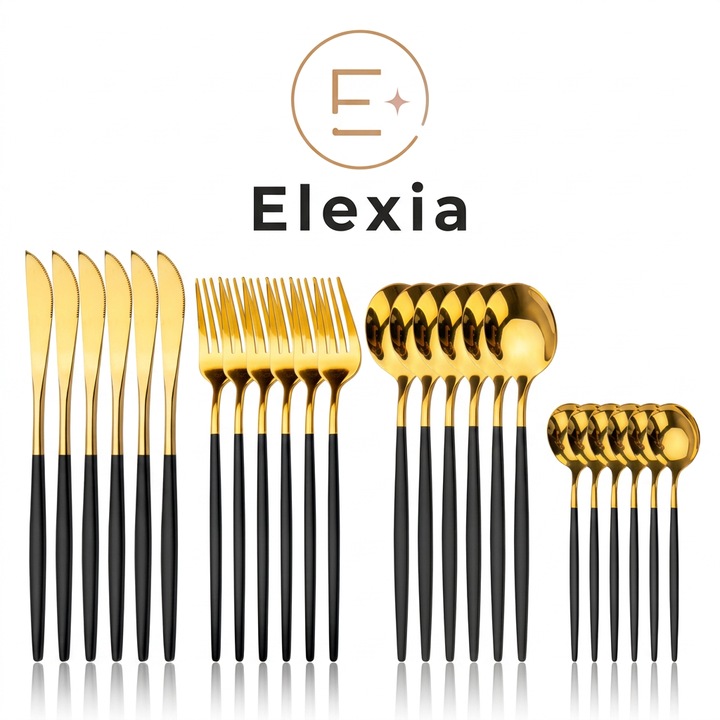 Set Tacamuri 24 Piese ELEXIA® pentru 6 Persoane, Design Portughez, Tacamuri Inox cu Finisaj Lucios, 24 Tacamuri pentru Masa si Ocazii, Set Tacamuri Elegant, Tacamuri Inox, 6 Cutite, 6 Furculite, 6 Linguri, 6 Lingurite, Auriu/Negru