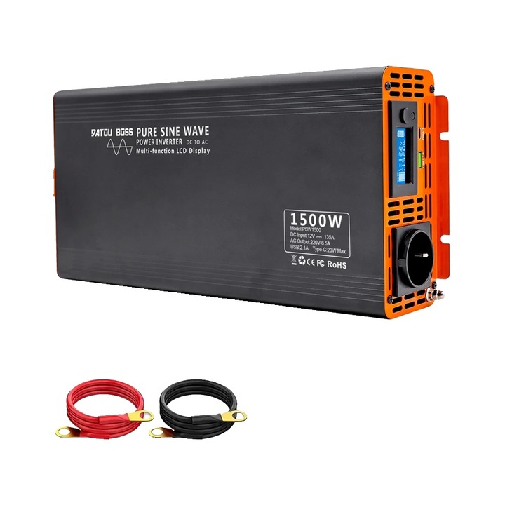 Invertor DC/AC PSW1500, 1500W, tiszta szinuszos hullám, 12V DC bemenet, 220V AC 50Hz kimenet, LCD kijelző, USB/Type-C, túlterhelés és túlmelegedés elleni védelem, ventilátoros hűtés, fekete/narancs