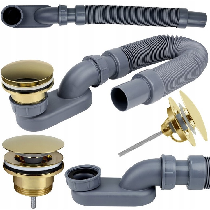 Syfon pentru cada Instadrain 3022/K, sifon cu dop click-clack din alama, reglabil, furtun flexibil, profil jos, G1 1/2, fi 40 mm, gri/auriu