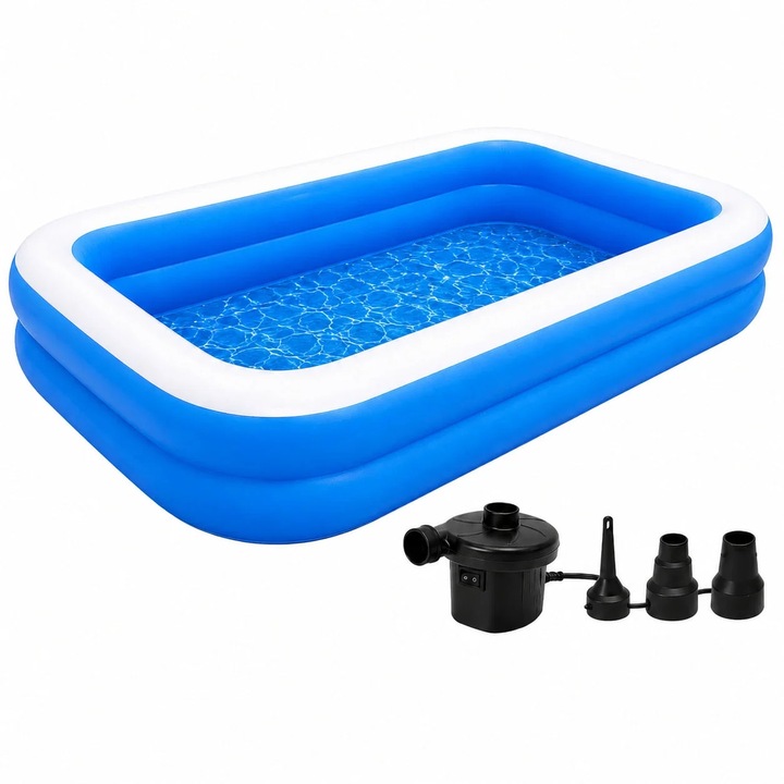 Set piscina gonflabila si pompa electrica, 2 piese, Saggify, dimensiune 200x120 cm, valva scurgere, Albastru