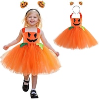 Costum Halloween Fete Dovleac Fermecat – Rochie Portocalie cu Tulle si Bentita, 5-6 ani, Funny Party Shop®