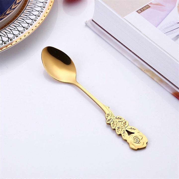 Lingurita din otel inoxidabil pentru cafea, decor trandafir cu placare aurie, auriu, 13 cm