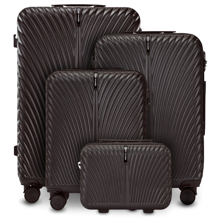 Комплект куфари SWAN COLLECTION SN121-4KPLBC, 4 части (куфар за кабина S 55x40x20 см, M 66x43x27 см, L 76x48x30 см, козметичен куфар 35x28x16 см), 100% поликарбонат, двойни колела на 360°, заключване с шифър, черен