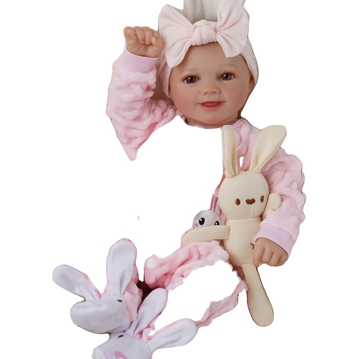 Papusa reborn din vinil cu atingere moale, articulata, roz, 51 cm