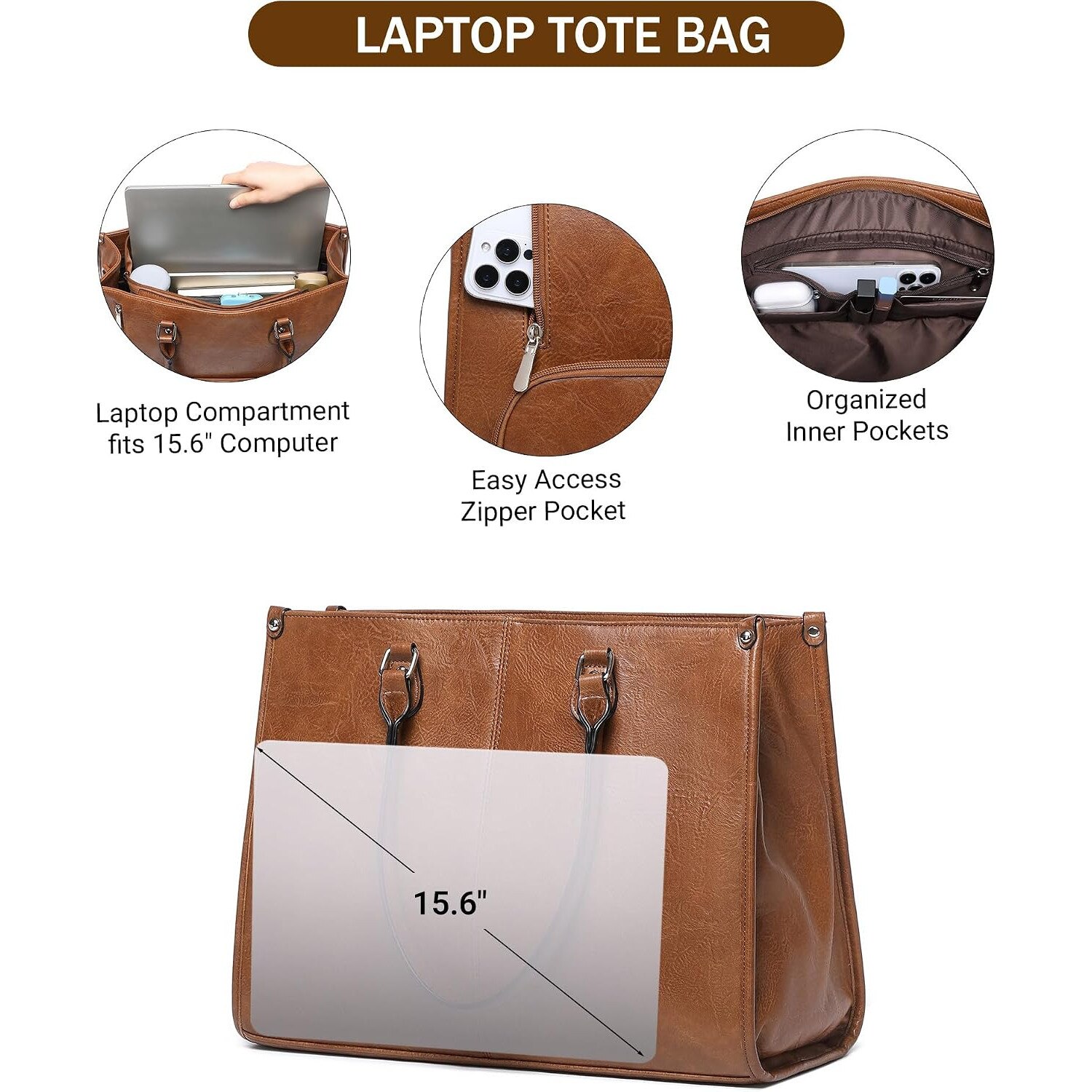 Geanta laptop din piele ecologica (PU) 2-in-1 cu compartiment termoizolat pentru pranz, captusita, curea detasabila, maro, 43.5 x 16.5 x 32 cm