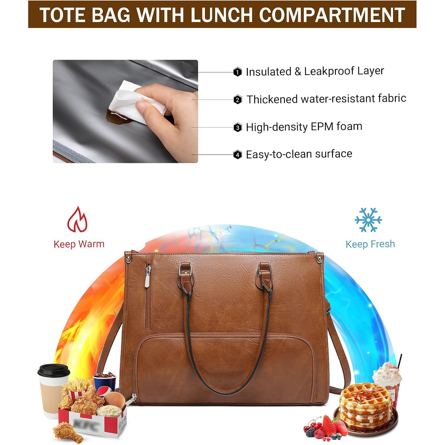 Geanta laptop din piele ecologica (PU) 2-in-1 cu compartiment termoizolat pentru pranz, captusita, curea detasabila, maro, 43.5 x 16.5 x 32 cm