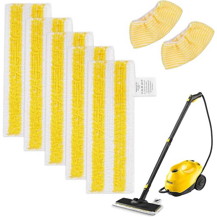 Set de 7 laveti din microfibra pentru mop cu abur compatibili cu Karcher EasyFix SC1/SC2/SC3/SC4/SC5 (5 laveti + 2 huse), alb/galben, E44-30-A173-e-748