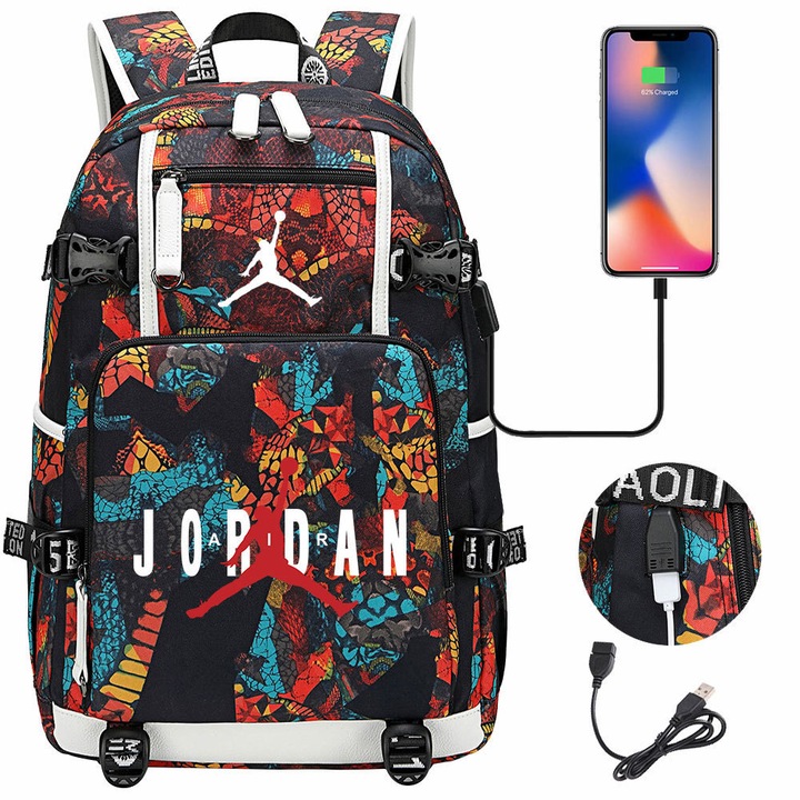 Jordan, rucsac textil cu imprimeu camuflaj sarpe, port USB extern pentru incarcare, rezistent la apa, pentru laptop, multicolor, model E44-30-A173-e-5400-XX