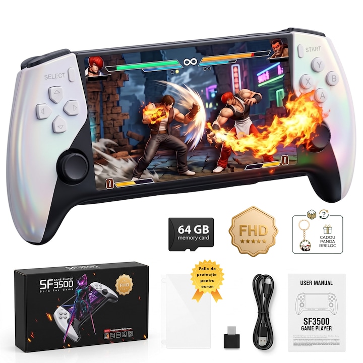 Consola Jocuri Retro Portabila mowo SF3500, 64GB cu jocuri, Ecran 5.0 inch IPS OCA laminare completa, Baterie 3000mAh, Iesire TV FHD, CPU Dual Core 1.2G, DDR3 2G, Player Multimedia