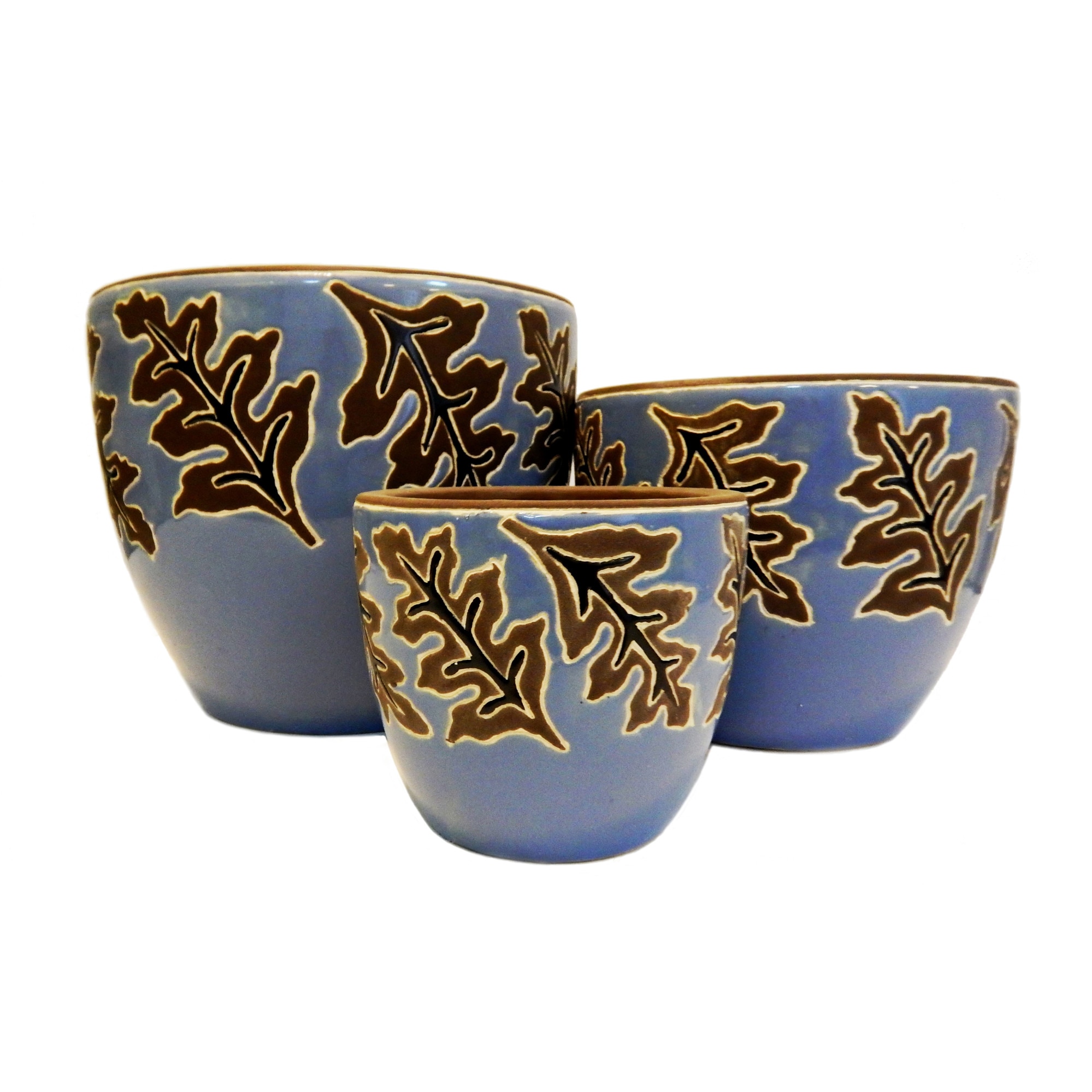 Set 3 ghivece decorative Veranda Concept, VC0106, culoare albastru/maro, dimensiuni D 29x21x15, H 24x18x14