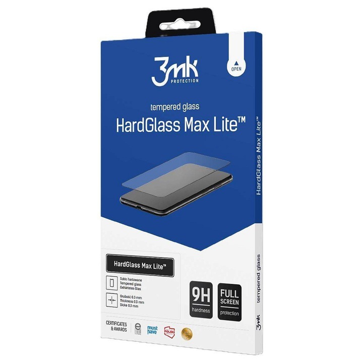 3MK HardGlass Max Lite edzett üveg védőfólia, 9H keménység, 0,3 mm vastagság, oleofób, teljes képernyős, Inviscid-Sil ragasztó, fekete, Redmi Note 14 5G-hez