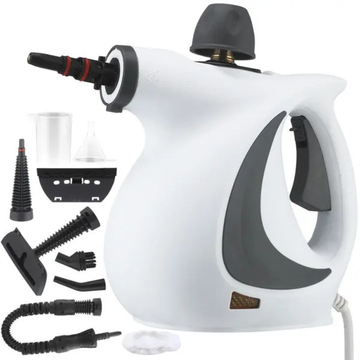 Curatator cu aburi portabil PO-CJ-K0433-26-8-25-0955, 1.050 W, rezervor 250 ml, abur 110°C, incalzire 3–5 min, autonomie 8–12 min, cablu 3 m, 8 accesorii, alb