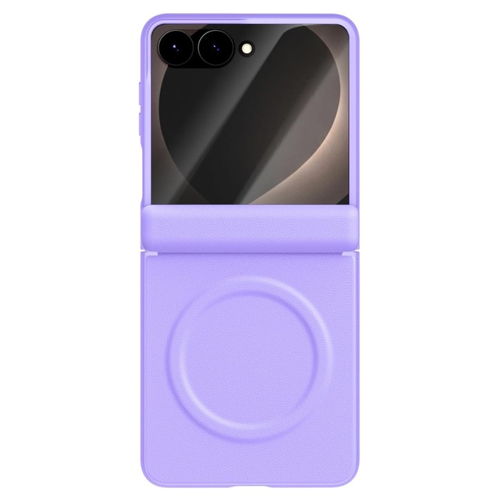 Prémium tok Samsung Galaxy Z Flip8 / Flip 8 készülékhez, 360°-os csomag, Bőr textúra, MagSafe, Integrált külső képernyőfólia, Zsanérvédelem, Lila