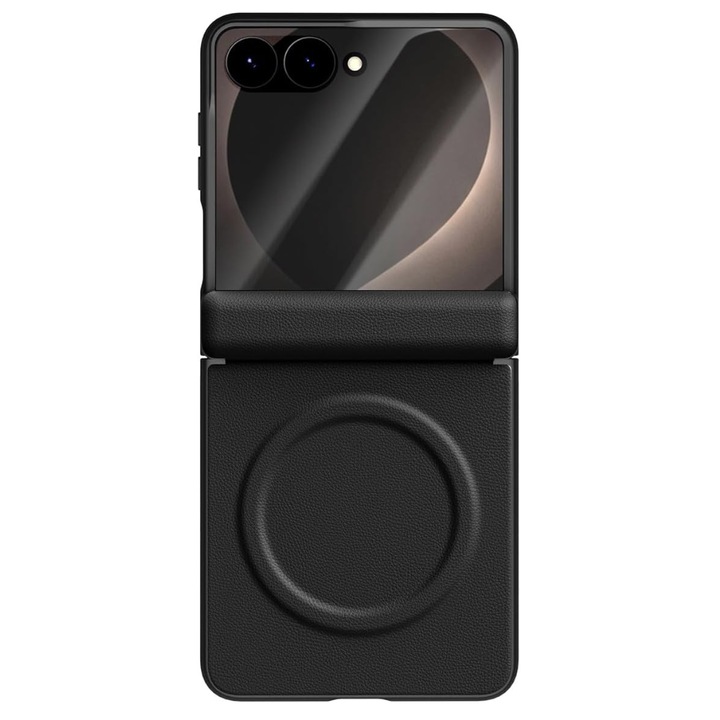 Prémium tok Samsung Galaxy Z Flip8 / Flip 8 készülékhez, 360°-os csomag, Bőr textúra, MagSafe, Integrált külső képernyőfólia, Zsanérvédelem, Fekete
