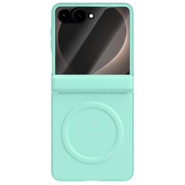 Prémium tok Samsung Galaxy Z Flip8 / Flip 8 készülékhez, 360°-os csomag, Bőr textúra, MagSafe, Integrált külső képernyőfólia, Zsanérvédelem, Mentazöld