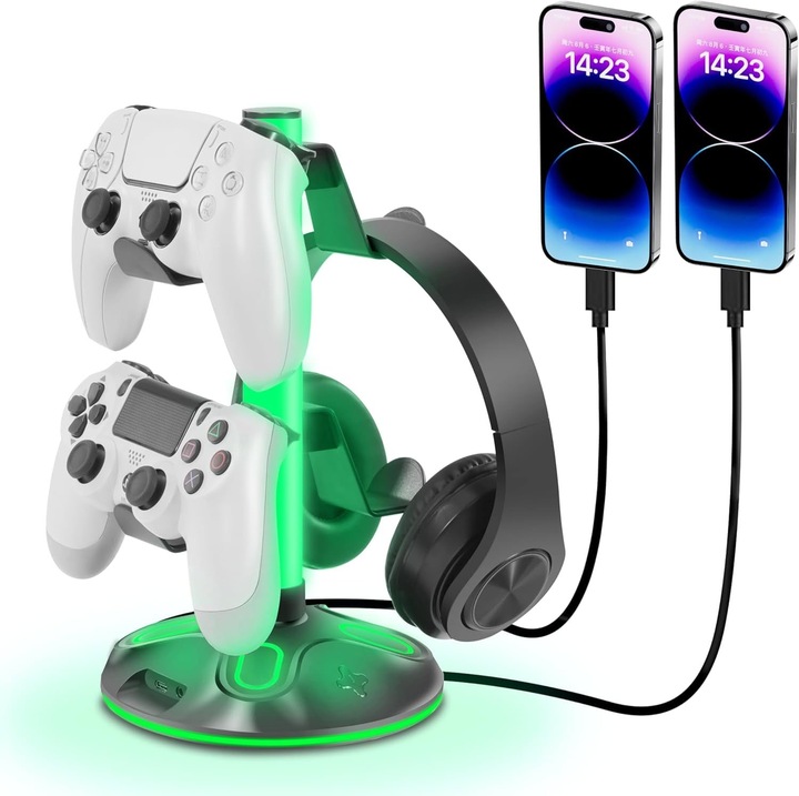 Fejhallgató és kontroller tartó K0345-0716-TDCJ-xw17996, RGB 10 mód, dupla szint, USB + Type-C port töltéshez, fekete/zöld