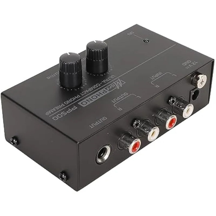 PP500 phono előerősítő, K0579-CJ-260824-138 modell, nagyon alacsony zajszint, független hangerőszabályzó, RIAA kiegyenlítés, RCA bemenetek/kimenetek, 6,35 mm-es kimenet, fém ház, fekete, UK adapter