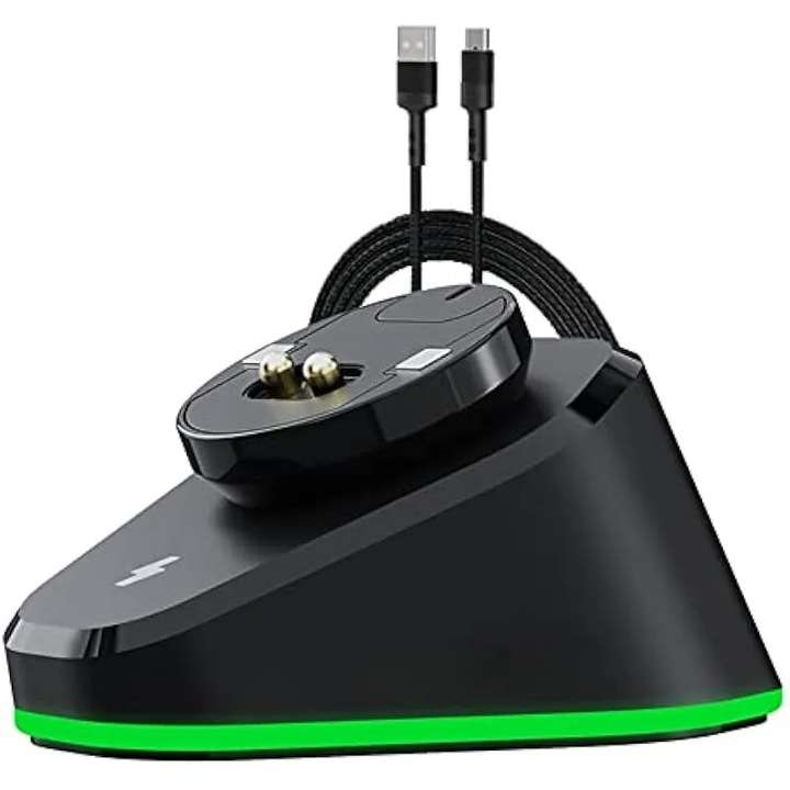 K0582-CJ-260824-456 vezeték nélküli gaming egér töltőállomás, Logitech/Razer kompatibilis, két USB port (egy USB 3.0), RGB világítás, USB-C tápellátás, fekete
