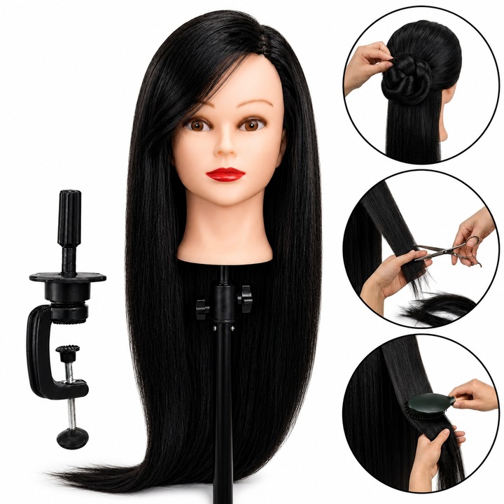 Учебна глава за фризьорство Calissimo ILSA(IZA)-BLACK-60CM, 100% термичен синтетичен косъм, черна, 60 см