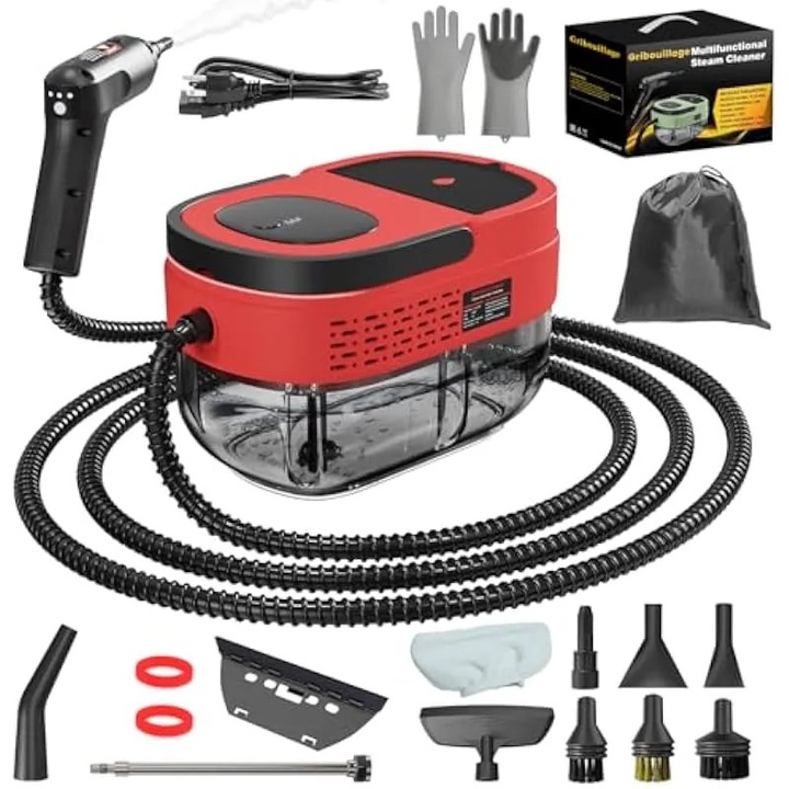 Aparat de curatat cu abur portabil, aparat sub presiune la temperatura inalta de 2500 W, rezervor de apa de 1, 6 l, debit de abur controlat prin maner, aparat de curatat cu abur portabil pentru casa, masina, plosnite, mobila, rosu
