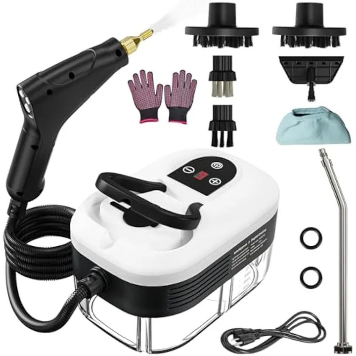 Aparat de curatat cu abur portabil pentru casa, aparat sub presiune la temperatura inalta de 2500 W, rezervor de apa de 1, 2 l, debit de abur controlat prin maner, aparat de curatat cu abur portabil pentru masina, plosnite, mobila (alb)