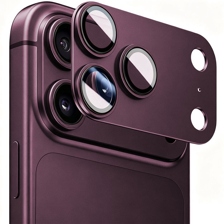 Üveg kamerafólia iPhone 18 Pro Max-hoz, Teljes fedés, Teljes védelem, Daden, Ultra ellenálló, Prémium minőség, Bordó/Lila