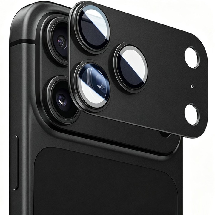Üveg kamerafólia iPhone 18 Pro-hoz, Teljes lefedettség, Teljes védelem, Daden, Ultra ellenálló, Prémium minőség, Black Titanium