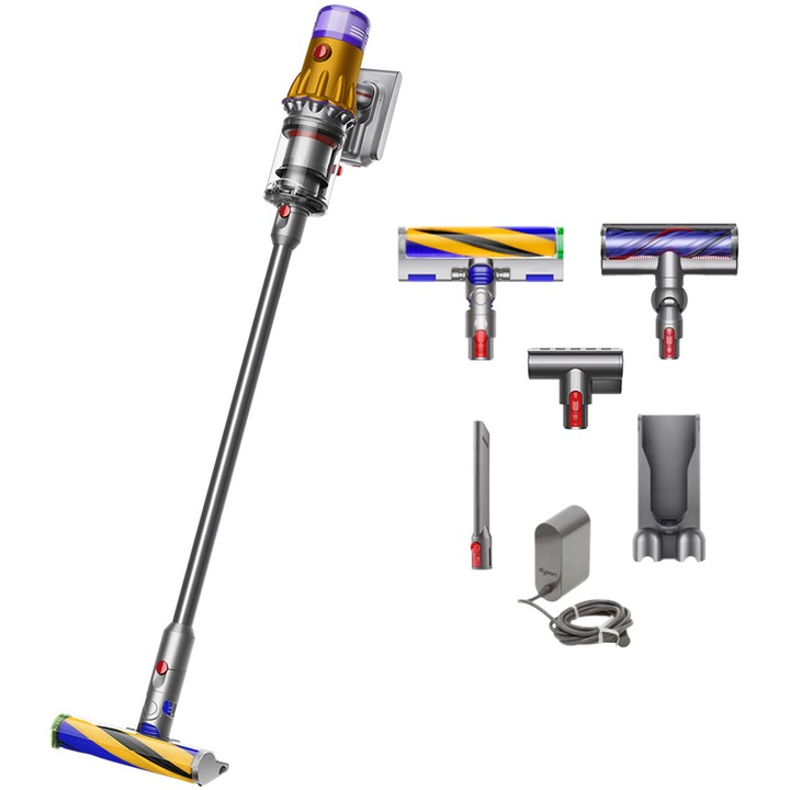 Aspirator vertical fara fir Dyson V12 Slim Detect Absolute 2026, doar 2.2 kg, 545W, autonomie pana la 60 minute, putere aspirare 150AW, 3 niveluri de aspirare, galben/nichel