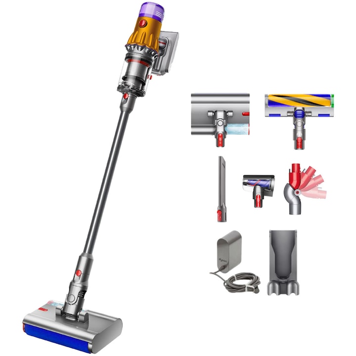Aspirator vertical pentru aspirare uscata si spalare umeda Dyson V12s Detect Slim Submarine™, doar 2.2 kg, 545W, autonomie pana la 60 minute, putere aspirare 150AW, 3 niveluri de aspirare, galben/nichel