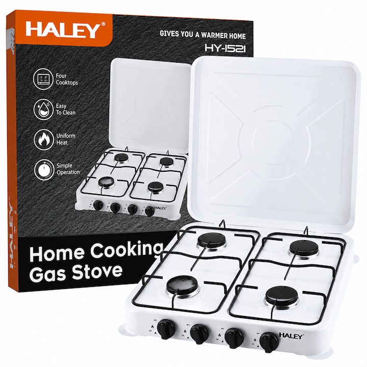 Aragaz Pe Gaz HALEY HY-1521, 4 Arzatoare, Aprindere Rapida, Flacara Reglabila, Capac Metalic
