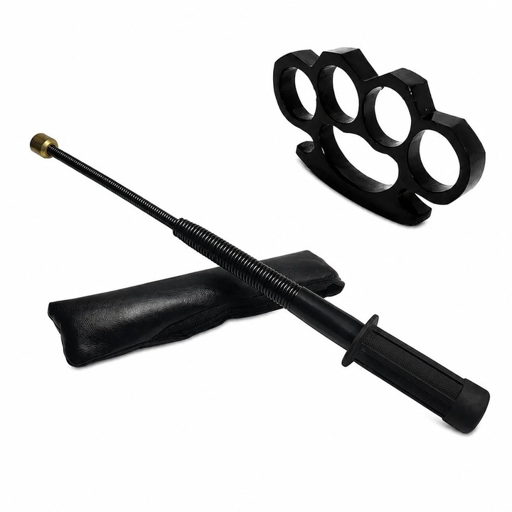 Set baston telescopic flexibil negru maner tip tonfa 47 cm + box negru 0.5 cm grosime