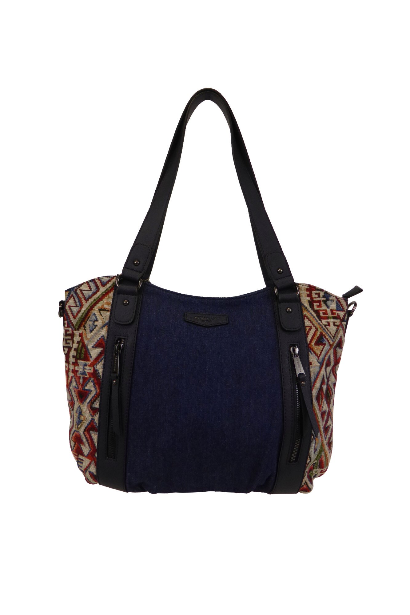Geanta de umar HEXAGONA - albastra cu imprimeu etnic