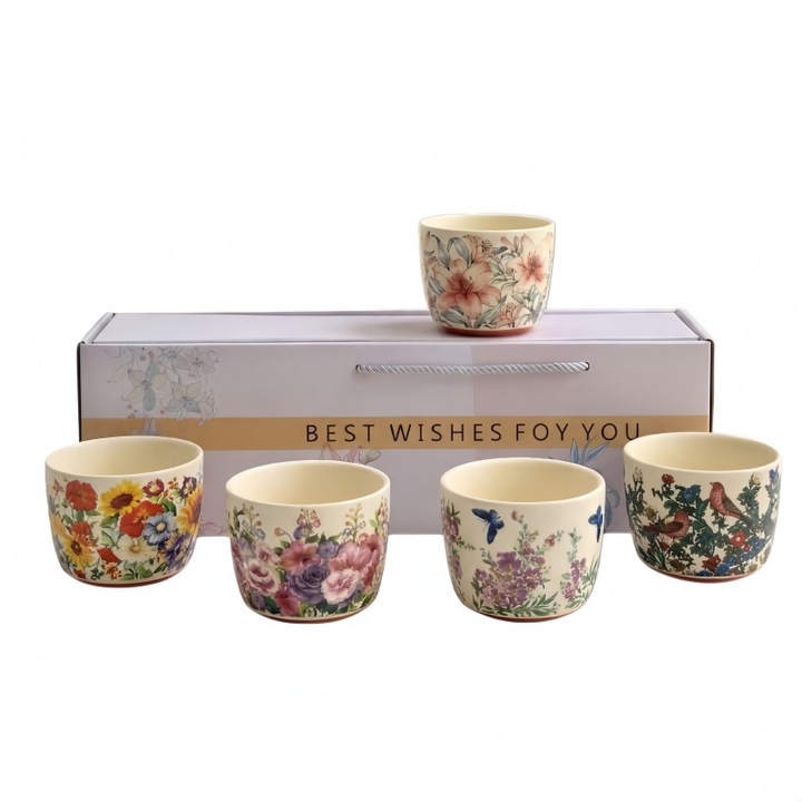 Set de 5 cani, 50 ml, cu motive florale, cutie cadou, stil vintage, retro, ORBER, cadou pentru oaspeti, rezistente la temperaturi ridicate, pentru ceai, uz casnic, cadou, ceramica, diverse culori