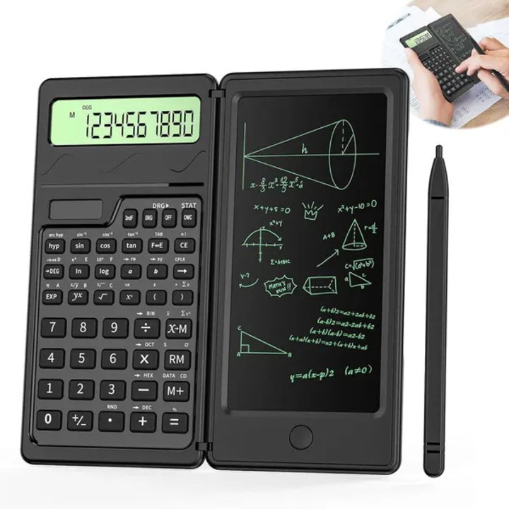 Научен калкулатор с таблет за писане ISINI-CJ-K0497-260825-1331, 10 цифри, научни функции, многократен таблет със стилус, соларно и батерийно захранване, капак, черен