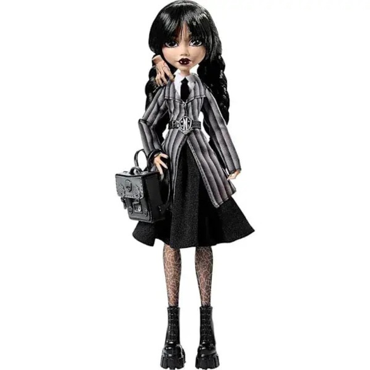 Papusa Wednesday Addams inspirata Monster High ISINI-CJ-K0497-260901-482, cu stand, rucsac si accesorii, negru