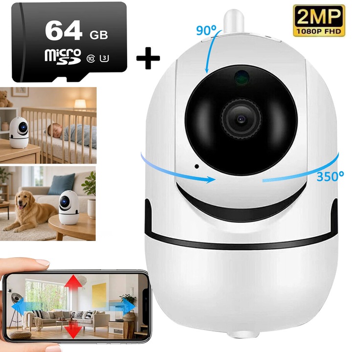 IP камера за наблюдение K0276-20260825-062, 2 MP (1080p) Full HD, Wi‑Fi 2.4 GHz, PTZ 350°/90° с проследяване, двупосочно аудио, нощно виждане 10 м, включена microSD 64GB, бяла