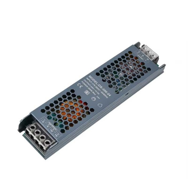 Стабилизирано захранване DS-300-24 (K0276-20260825-108), 24V, 12,5A, 300W, тънък дизайн, сив метал