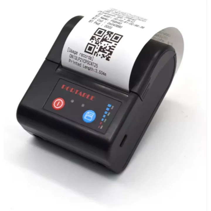 Hordozható hőnyomtató 58 mm k0446-260825-131, Bluetooth, Android/iOS kompatibilis, újratölthető akkumulátor 8–10 óra, matt fekete, szíjjal és övtartóval