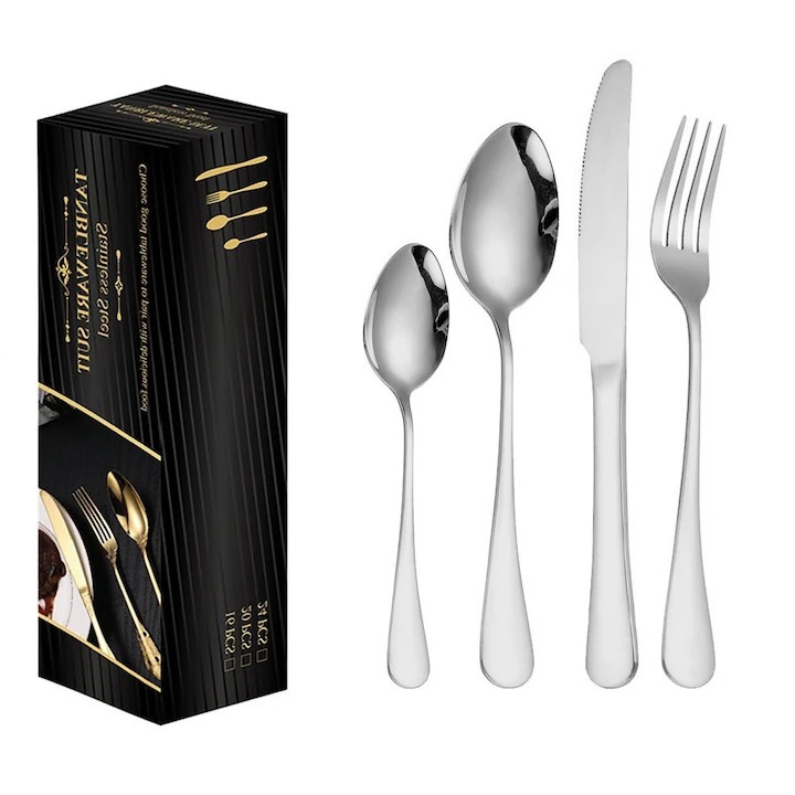 Set tacamuri 24 piese k0446-260825-128, otel inoxidabil, finisaj lucios, pentru 6 persoane (6 cutite 22.5 cm, 6 furculite 20.5 cm, 6 linguri 20.5 cm, 6 lingurite 14 cm), argintiu