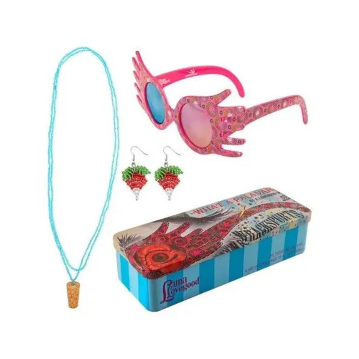 Set accesorii Luna Lovegood – ochelari decorativi, colier si cercei, cu cutie metalica, multicolor, universal