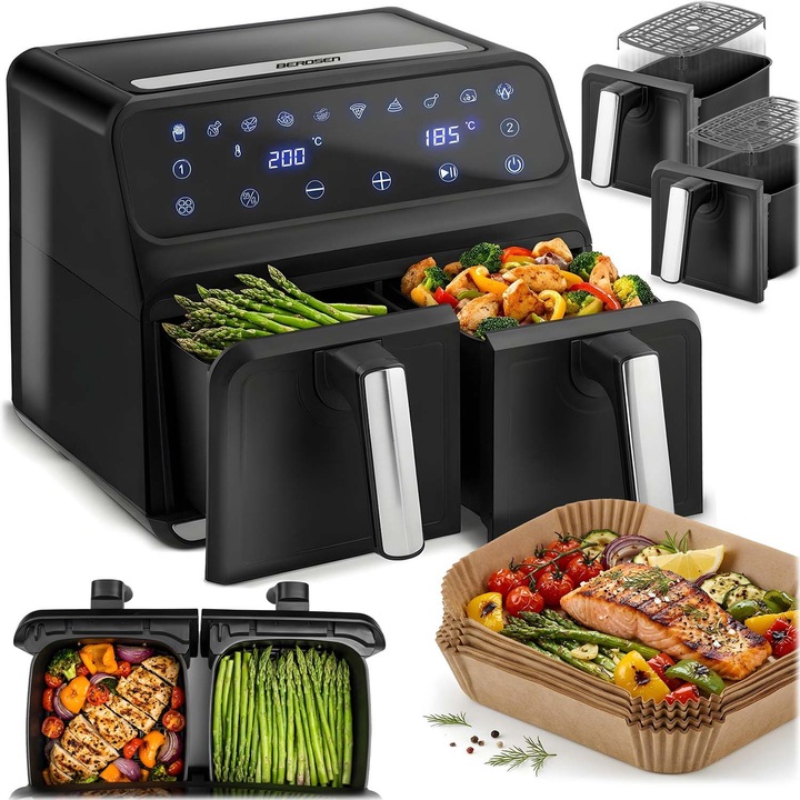 Friteuza cu aer Berdsen BD-653, camera dubla 8 L, 1700 W, 10 programe, ecran tactil, negru/argintiu