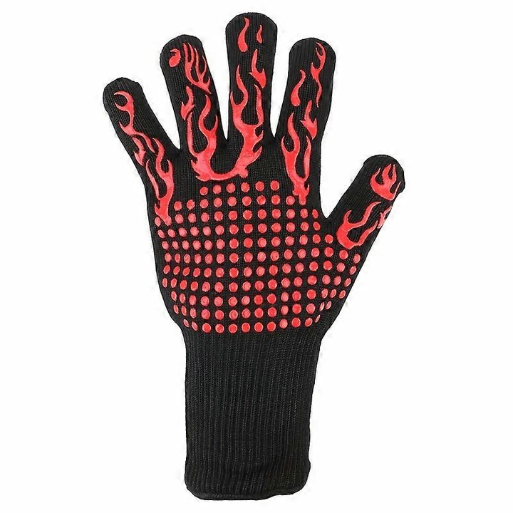 Aramid hőálló kesztyű grillezéshez és sütőhöz, pamut belsővel és csúszásmentes szilikon felülettel, 500/932°F-ig (rövid ideig 800/1472°F-ig) hőálló, fekete/piros, 31–32 cm