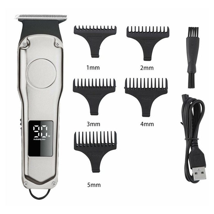 Masina de tuns par K0345-0716-TDCJ-xw23033, fara fir, incarcare USB, taiere 0 mm, display LED, set piepteni 1/2/3/4/5 mm, argintiu