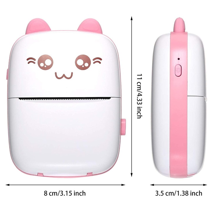 Mini fotó hőnyomtató K0345-0716-TDCJ-xw23236, Bluetooth, 200 dpi, 1000 mAh akkumulátor, 57x30 mm hőpapír, rózsaszín
