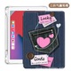 Husa pentru iPad Air 7 (11", 2025) PRE-CJk0515-26-0825-072, tri-fold cu slot pentru stylus, spate din silicon transparent, coperta denim cu buzunar si imprimeu inima, albastru denim/roz