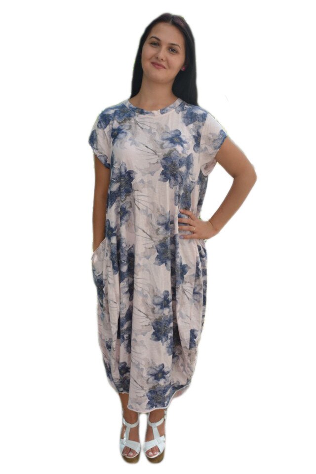 Rochie de vara comoda cu flori bleumarin, D&J Exclusive, pudra
